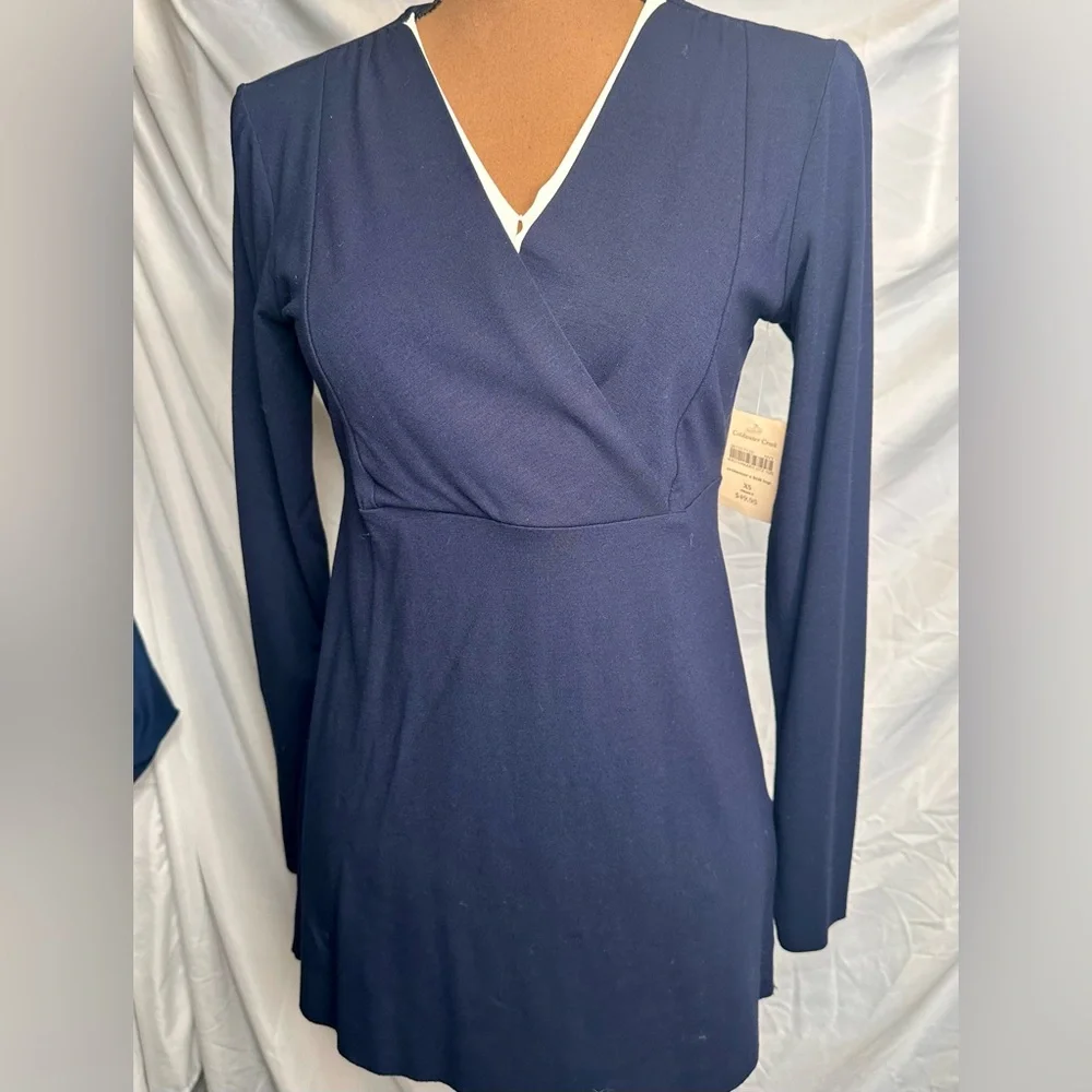 NWT Coldwater Creek Women’s Navy Blue White Long Sleeve Crossover Tunic Top; XS